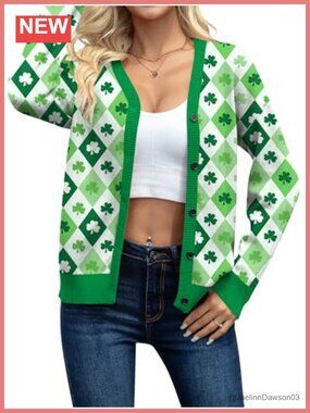 St Patricks Day Cardigan V-Neck Button Down Shamrock Knit Sweater